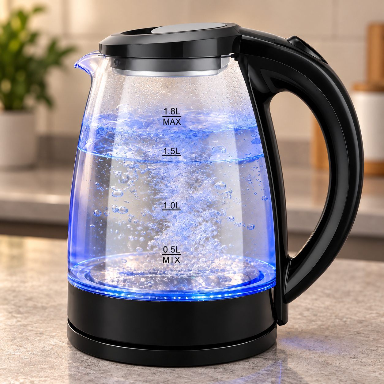 Chaleira de vidro iluminada em azul sobre uma bancada de cozinha