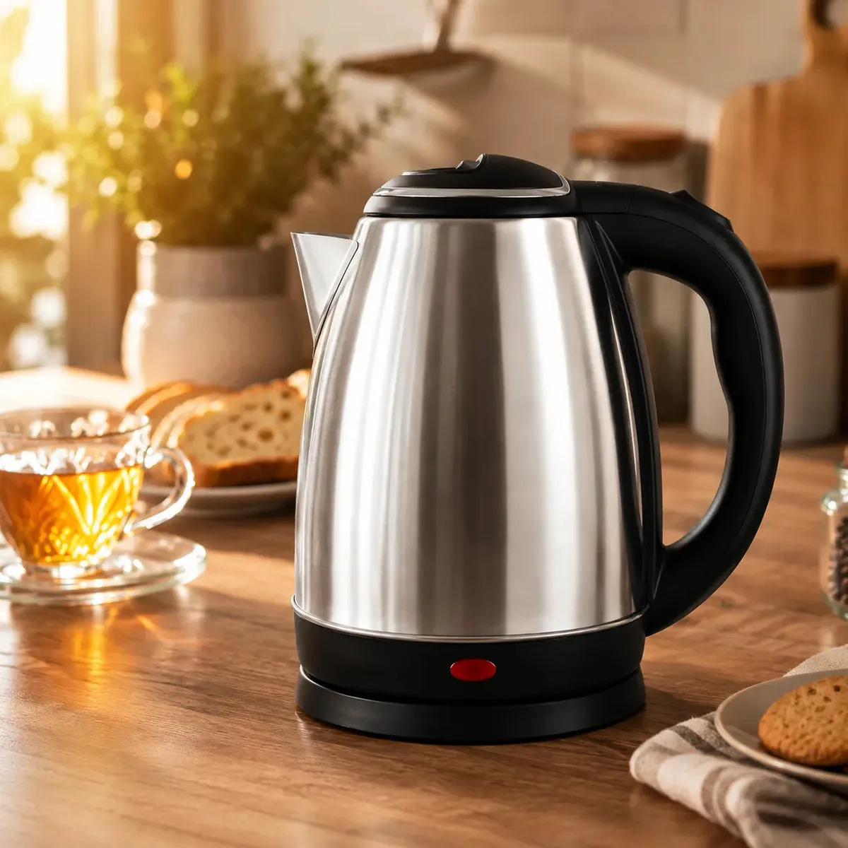 Chaleira de inox sobre uma bancada com uma xícara de chá