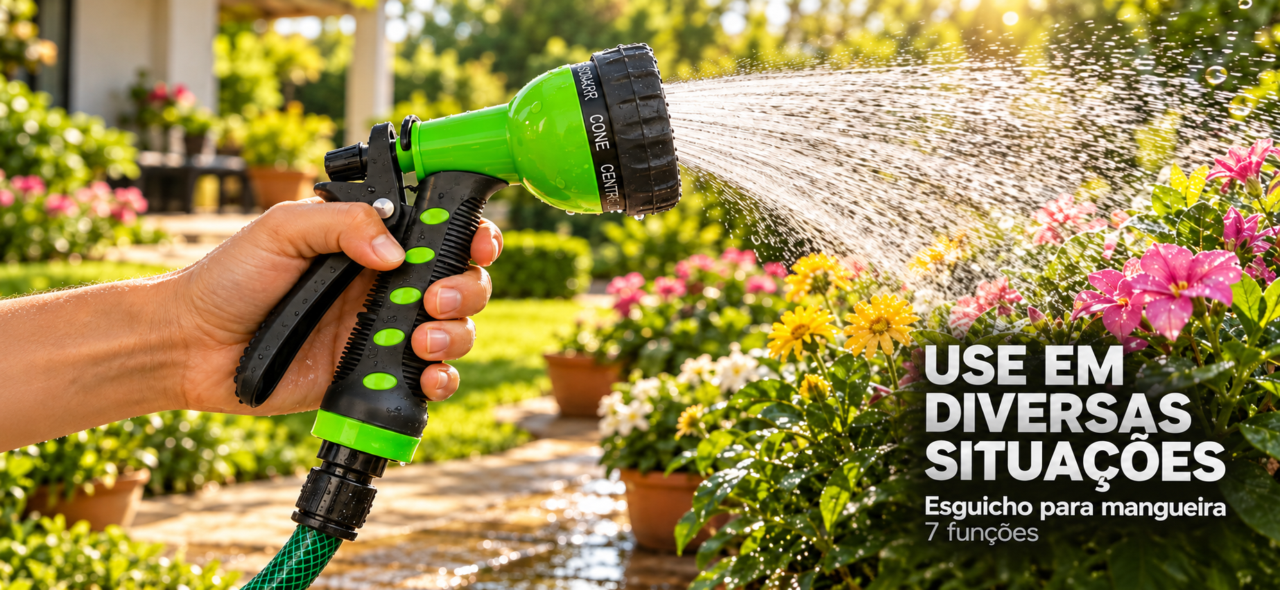 Esguicho para mangueira de sete funções em uso em um jardim ensolarado. Use em diversas situações.