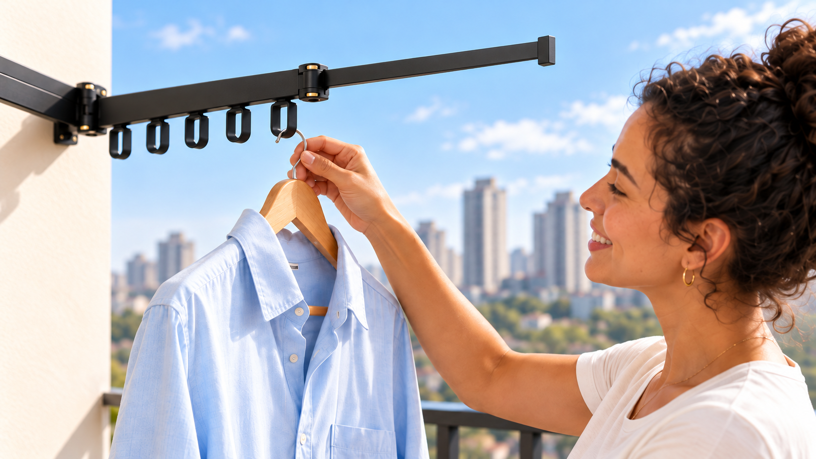 Mulher pendurando uma camisa azul no varal de parede
