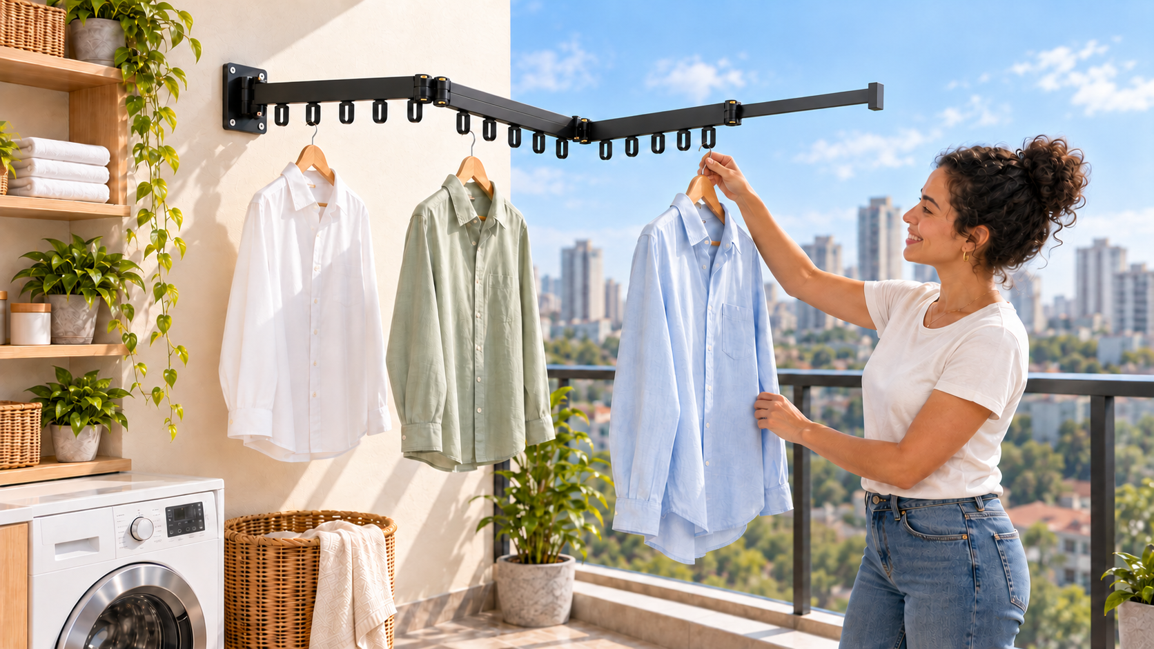 Varal articulado em uso em uma varanda com roupas em cabides
